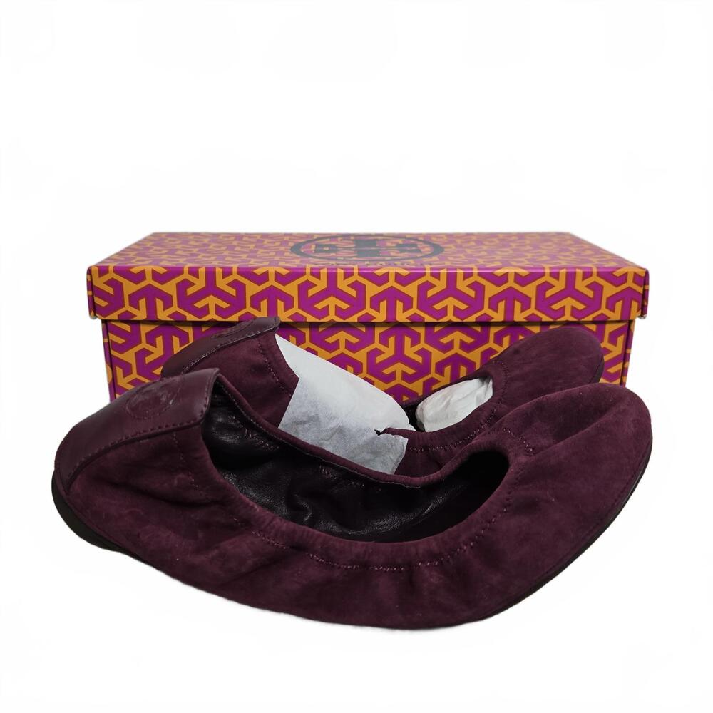 Tory Burch Ballet Flats Womens 8 New In Box Eddie Suede Fig Plum Logo Round Toe